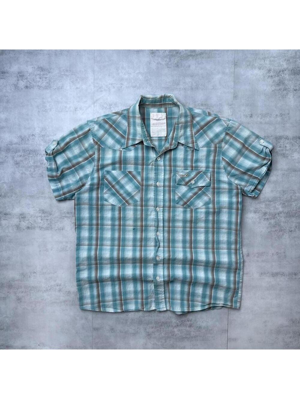 Y2K Hollister Blue Plaid Button Up Surf Shirt
